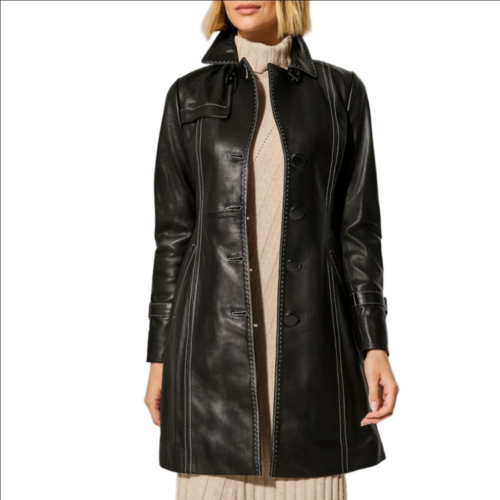 🆕 OVERLAND "MIA" BLACK ITALIAN LAMB LEATHER WOMEN'S TRENCH COAT - Picture 8 of 16